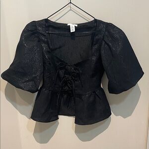 H&M Black Puff Sleeve Lace-Up Peplum Blouse